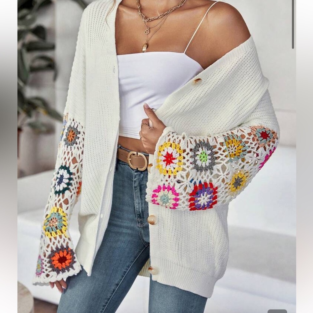 Colorful Crochet Patchwork Women Sweater Cardigan Granny Square Retro S NEW Boho